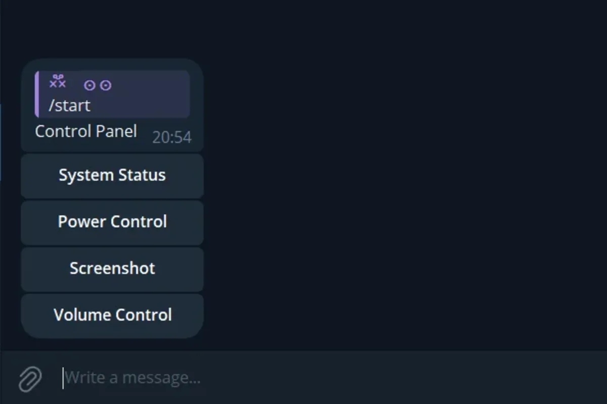 Telegram chat showing the TeleSysControl control panel with system status, power, screenshot, and volume options.