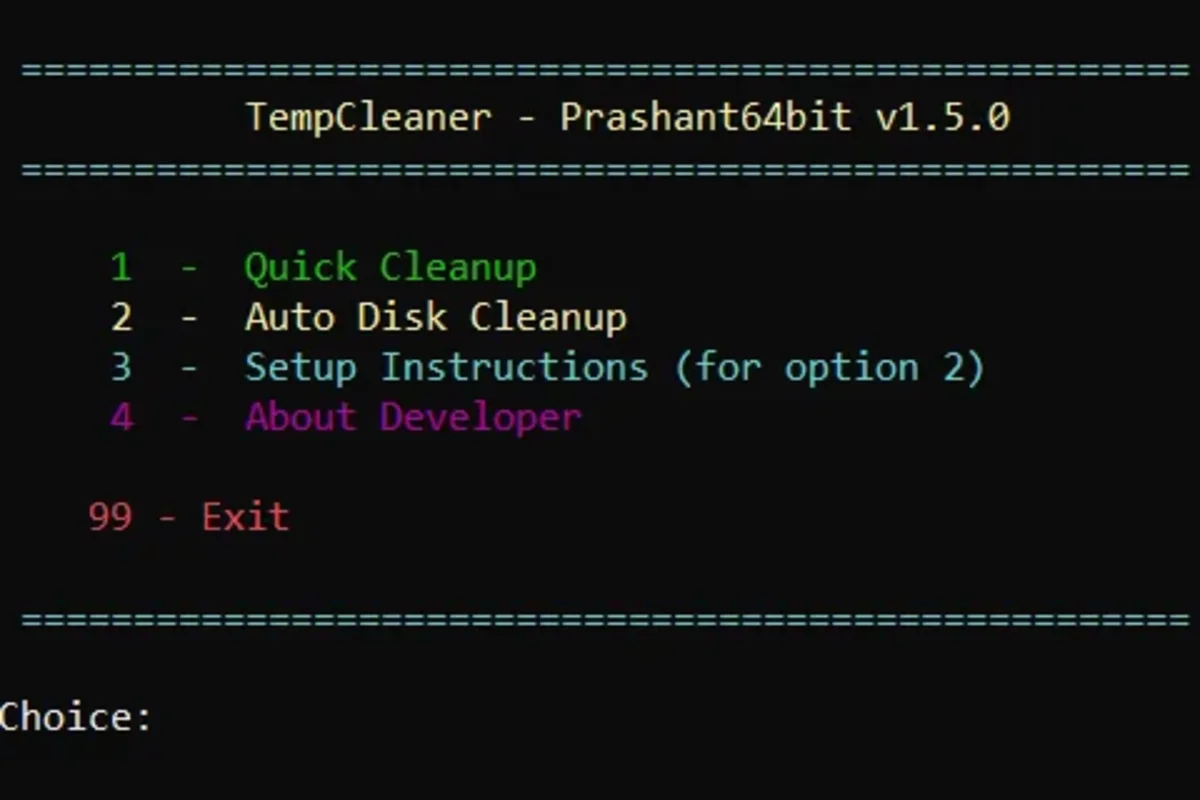 Temp-Cleaner's command-line menu with options for quick cleanup, automatic disk cleanup, setup instructions, and exit.